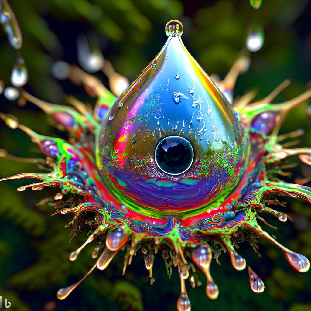 5- 3D hyper-detailed joyfully bursting spattering raindrop with multi-colored nano-circuitry iris-stroma living breathing eye-pupil at its core, spattering wet rainforest moss synapses, mirroring recursion.jpg